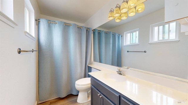 full bath with vanity, a shower with shower curtain, wood finished floors, and toilet