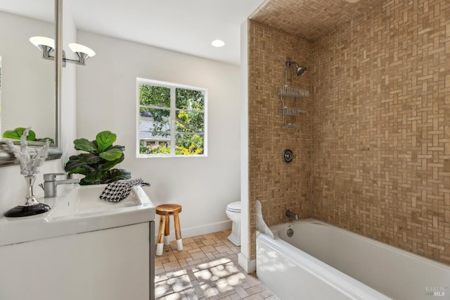 full bathroom with vanity, tub / shower combination, toilet, baseboards, and recessed lighting