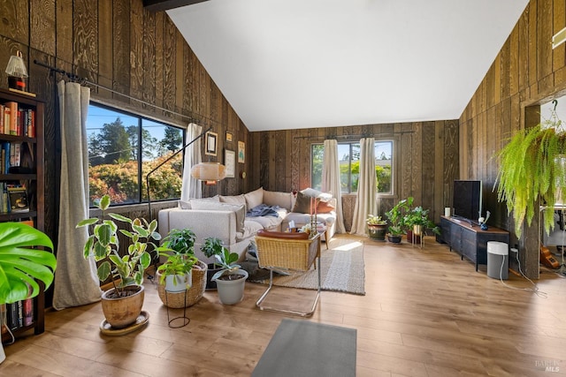 2855 Old Gravenstein Hwy, Sebastopol, CA 95472 - living area with wood walls, wood finished floors, and high vaulted ceiling