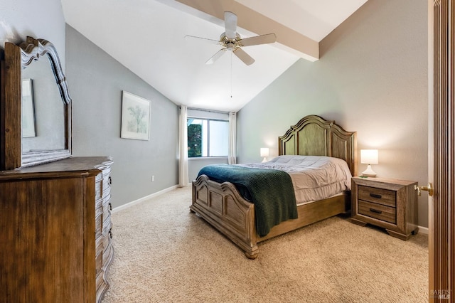 bedroom featuring vaulted ceiling with beams, baseboards, ceiling fan, and light colored carpet