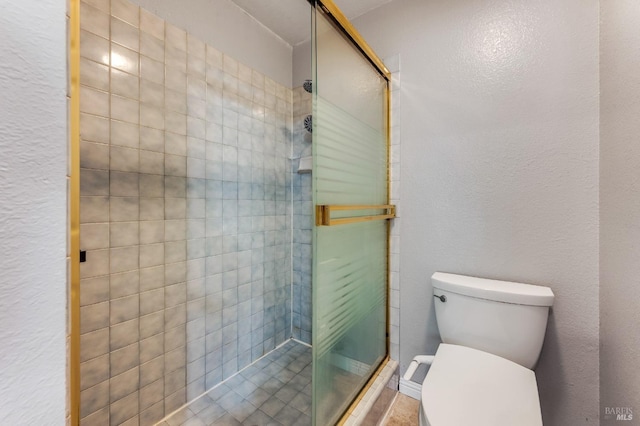 bathroom featuring a stall shower and toilet