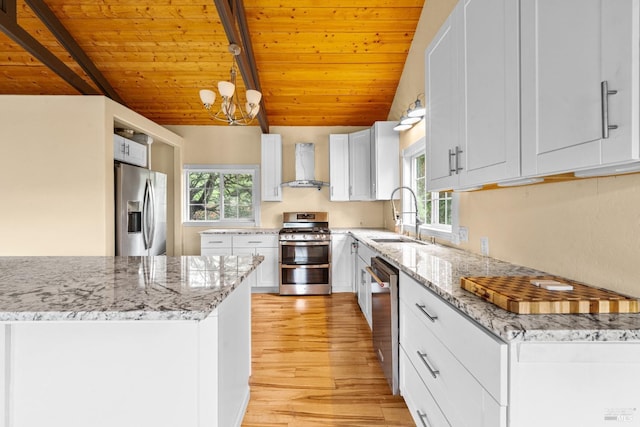 kitchen with wall chimney range hood, light wood-type flooring, wooden ceiling, a sink, and stainless steel appliances