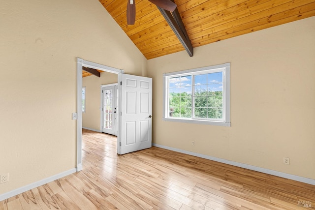 spare room featuring wood ceiling, baseboards, vaulted ceiling with beams, and light wood-type flooring
