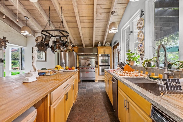 kitchen featuring a sink, wood ceiling, beamed ceiling, and butcher block countertops
