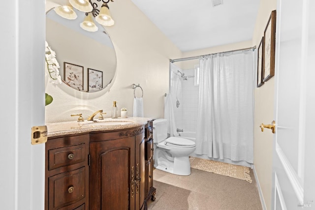 full bath with vanity, shower / bath combination with curtain, and toilet