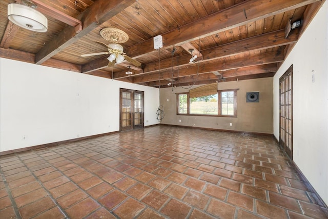 unfurnished room featuring wooden ceiling, baseboards, beamed ceiling, and ceiling fan