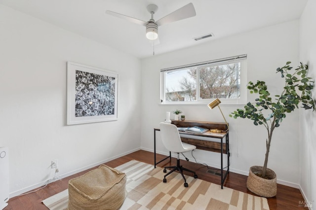 9 Monroe Ct, Novato, CA 94947 - home office featuring a ceiling fan, baseboards, visible vents, and wood finished floors