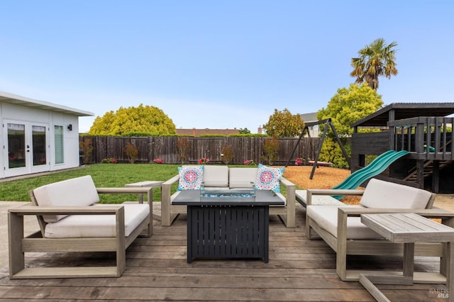 9 Monroe Ct, Novato, CA 94947 - wooden deck with an outdoor living space, a fenced backyard, a playground, and french doors