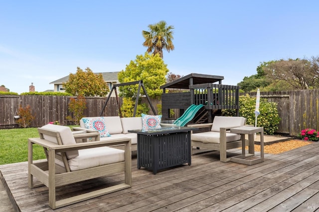 9 Monroe Ct, Novato, CA 94947 - wooden deck featuring an outdoor hangout area, a playground, and a fenced backyard