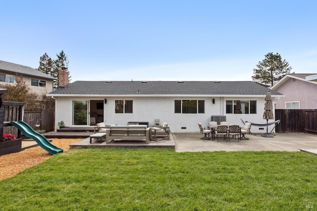 9 Monroe Ct, Novato, CA 94947 - rear view of property with a chimney, fence, a yard, and an outdoor hangout area
