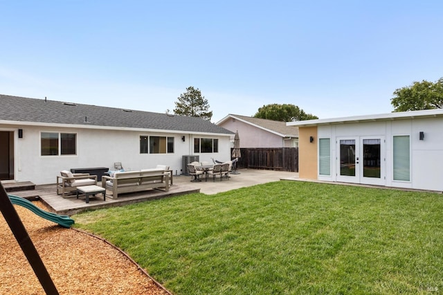 9 Monroe Ct, Novato, CA 94947 - rear view of house with fence, an outdoor hangout area, stucco siding, french doors, and a yard