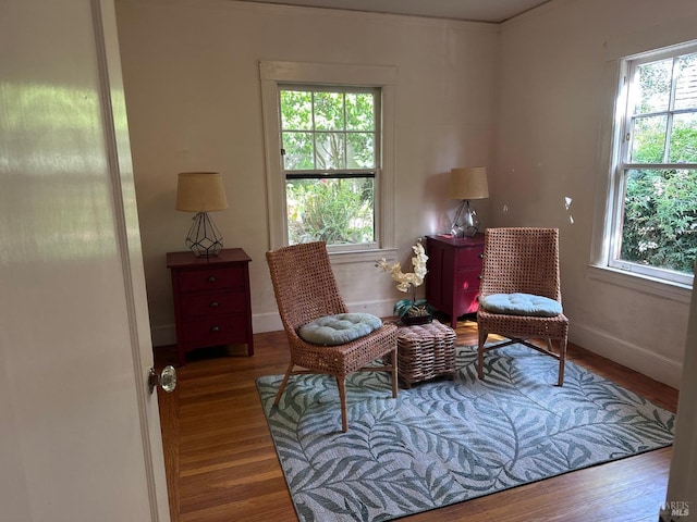 living area with baseboards, a healthy amount of sunlight, and wood finished floors