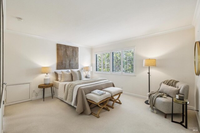carpeted bedroom featuring crown molding and baseboards