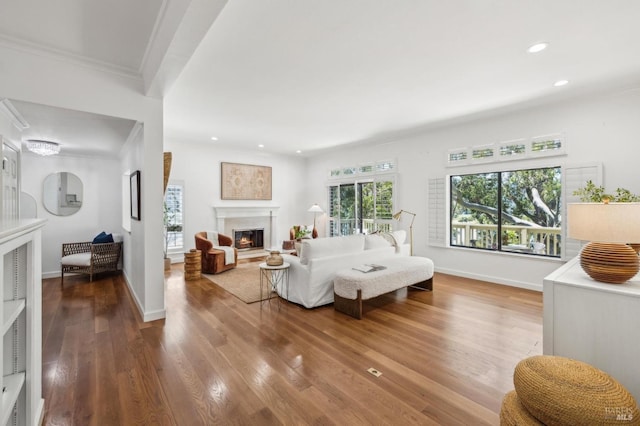 living area with crown molding, recessed lighting, a glass covered fireplace, and wood finished floors