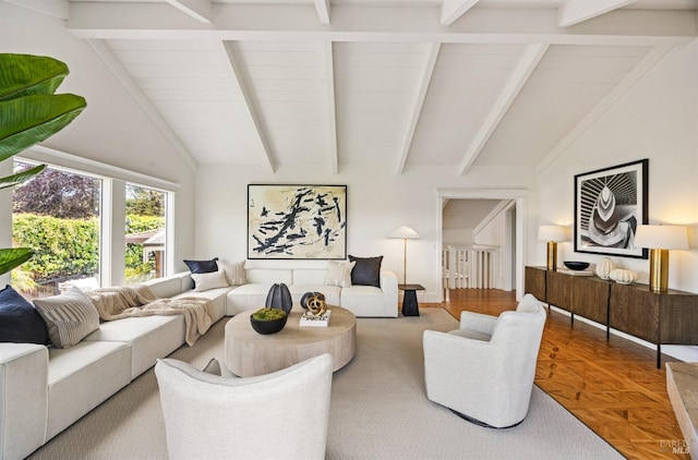 living area featuring vaulted ceiling with beams