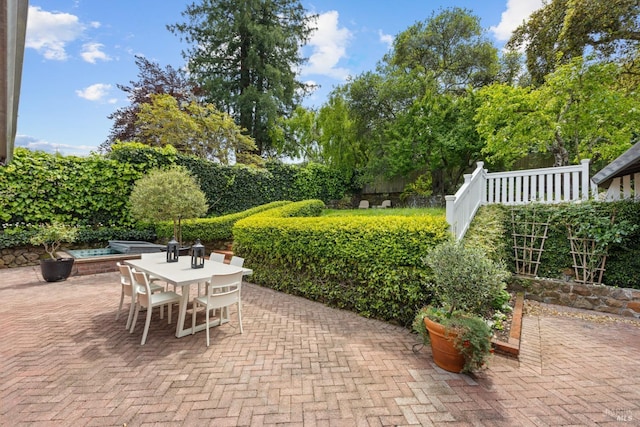 view of patio featuring a fenced backyard and outdoor dining space