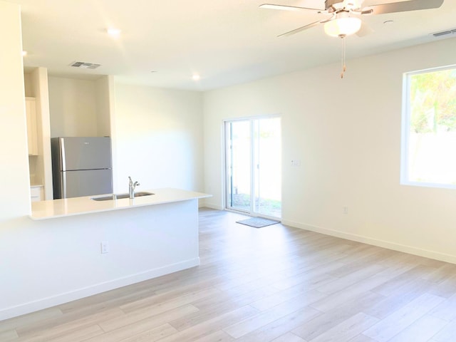 unfurnished living room featuring visible vents, a sink, and light wood-style flooring