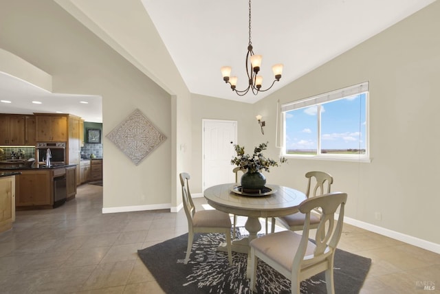 dining room featuring a notable chandelier, recessed lighting, baseboards, light tile patterned floors, and lofted ceiling
