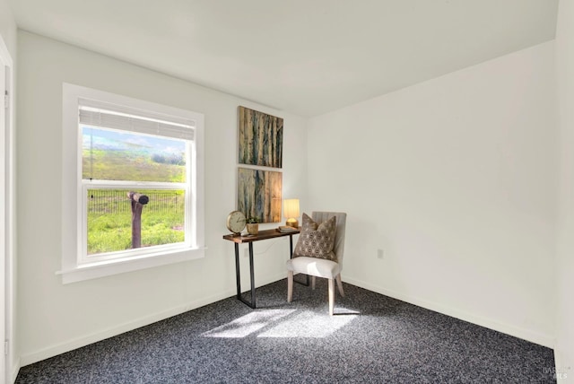 living area with baseboards and carpet flooring