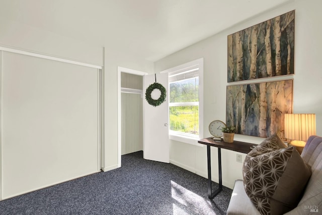 interior space with dark colored carpet