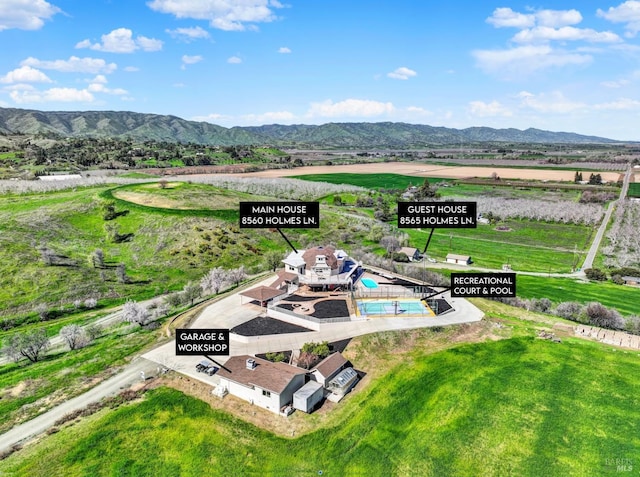 birds eye view of property with a rural view and a mountain view