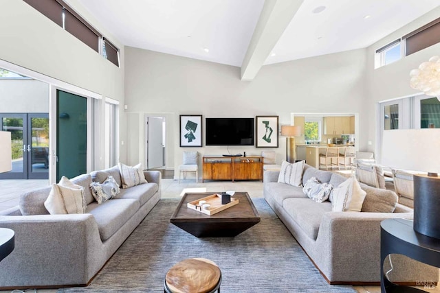 2252 W Dry Creek Rd, Healdsburg, CA 95448 - living room featuring french doors, a towering ceiling, and beamed ceiling