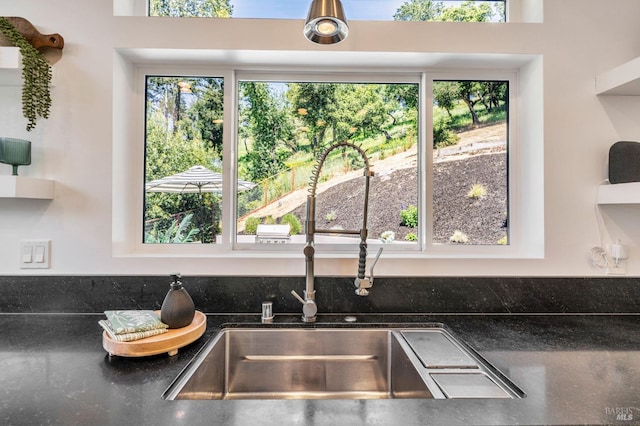 room details with a sink and dark stone countertops