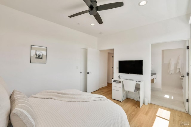 bedroom featuring recessed lighting, ceiling fan, and light wood-type flooring