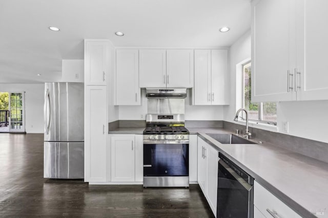 kitchen featuring appliances with stainless steel finishes, a sink, under cabinet range hood, recessed lighting, and white cabinetry