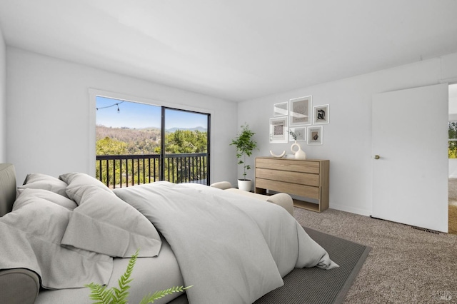 bedroom featuring access to outside, baseboards, and carpet