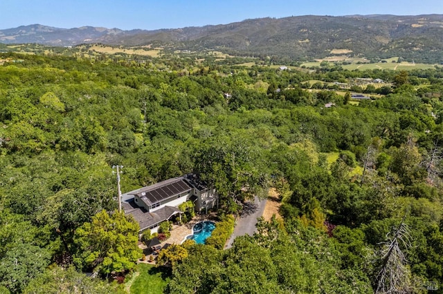 drone / aerial view with a view of trees and a mountain view