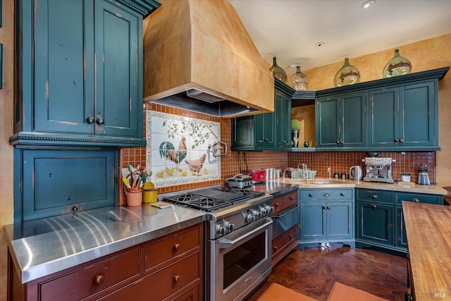 kitchen featuring stainless steel range, open shelves, stainless steel counters, custom range hood, and tasteful backsplash