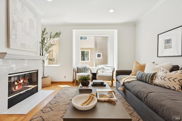 living area with crown molding, wood finished floors, baseboards, recessed lighting, and a premium fireplace