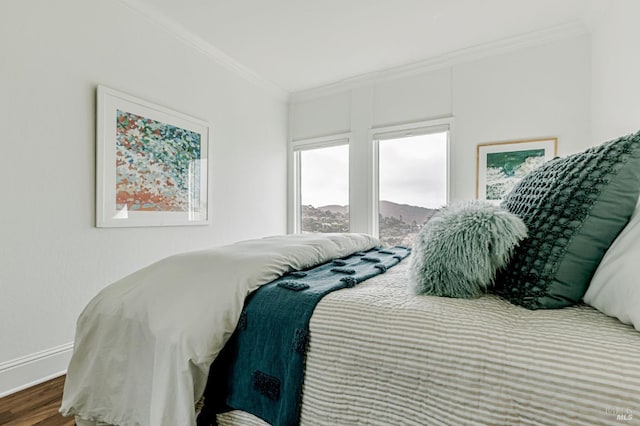 bedroom with crown molding, baseboards, and wood finished floors