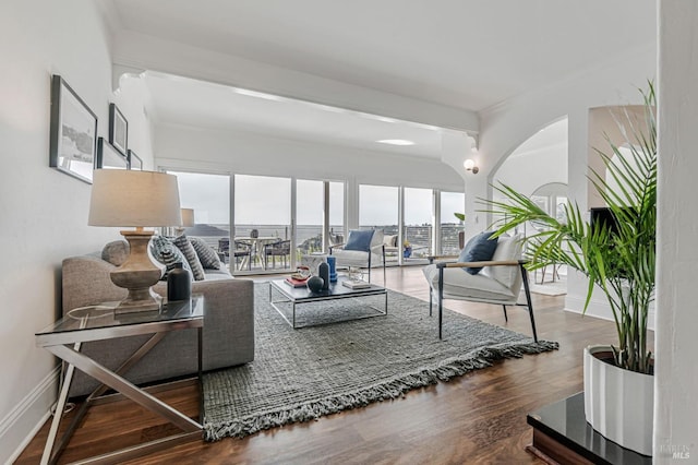 living room featuring baseboards, crown molding, and wood finished floors