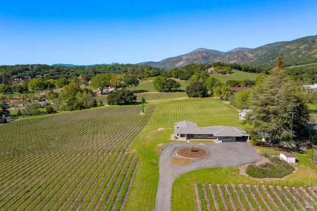drone / aerial view with a mountain view and a rural view