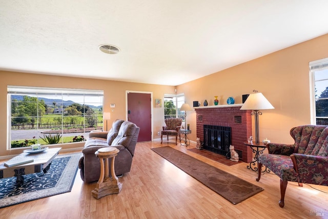 living area featuring plenty of natural light, a fireplace, and wood finished floors