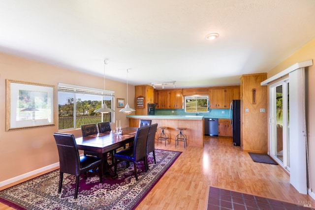 dining area with rail lighting, baseboards, and light wood finished floors
