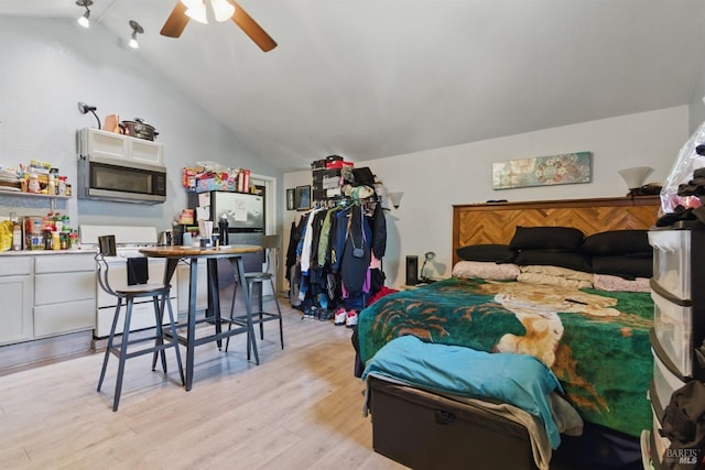 bedroom with light wood-style floors and vaulted ceiling