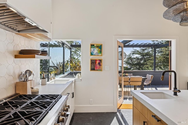 kitchen featuring a sink, light countertops, stainless steel gas range oven, and exhaust hood