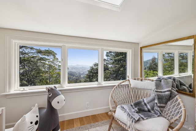 sunroom with a skylight and a mountain view
