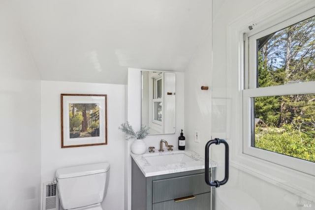 bathroom featuring vanity, toilet, and lofted ceiling