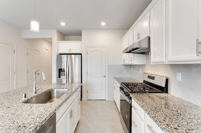 kitchen with a sink, stainless steel appliances, tasteful backsplash, under cabinet range hood, and white cabinets