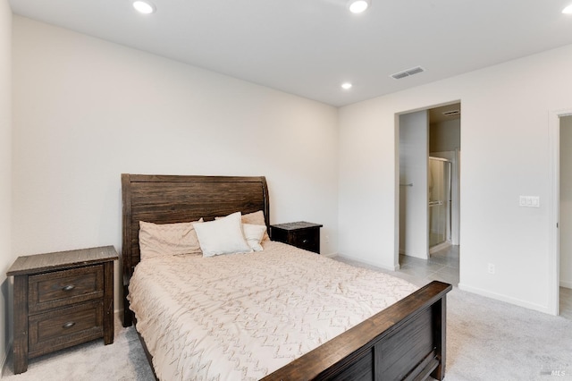 bedroom featuring light carpet, baseboards, visible vents, and recessed lighting