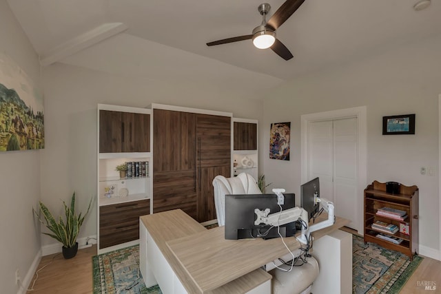 6200 Burnside Rd, Sebastopol, CA 95472 - office featuring a ceiling fan, lofted ceiling, light wood-type flooring, and baseboards
