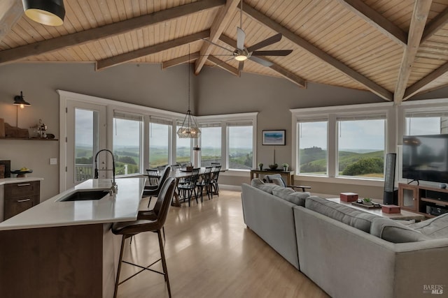 6200 Burnside Rd, Sebastopol, CA 95472 - living area with a ceiling fan, wooden ceiling, and light wood-type flooring