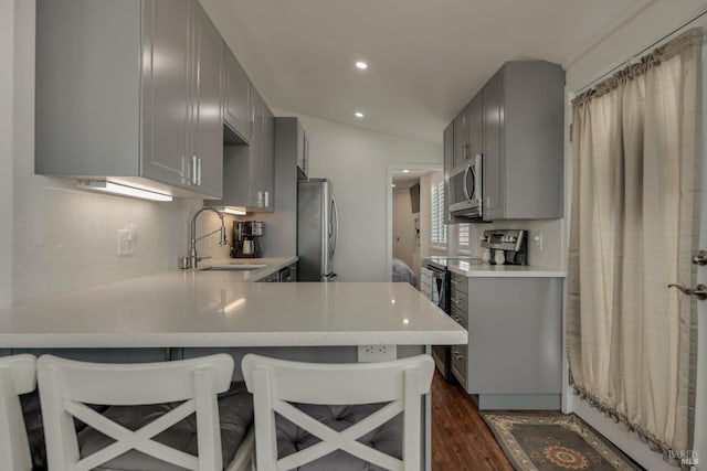6200 Burnside Rd, Sebastopol, CA 95472 - kitchen featuring gray cabinetry, appliances with stainless steel finishes, a sink, light countertops, and dark wood-type flooring