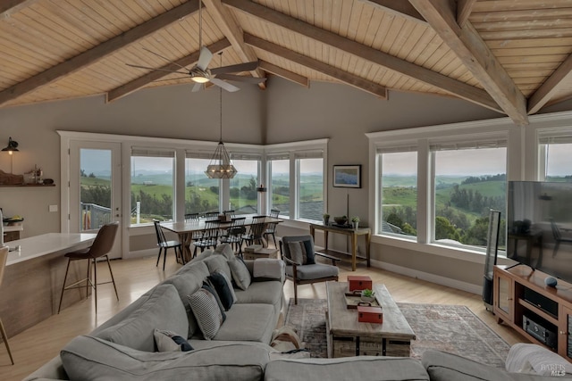 6200 Burnside Rd, Sebastopol, CA 95472 - living area featuring ceiling fan, light wood-style flooring, wood ceiling, and baseboards