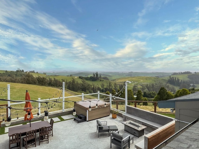 6200 Burnside Rd, Sebastopol, CA 95472 - view of patio with a rural view, an outdoor living space with a fire pit, and a hot tub