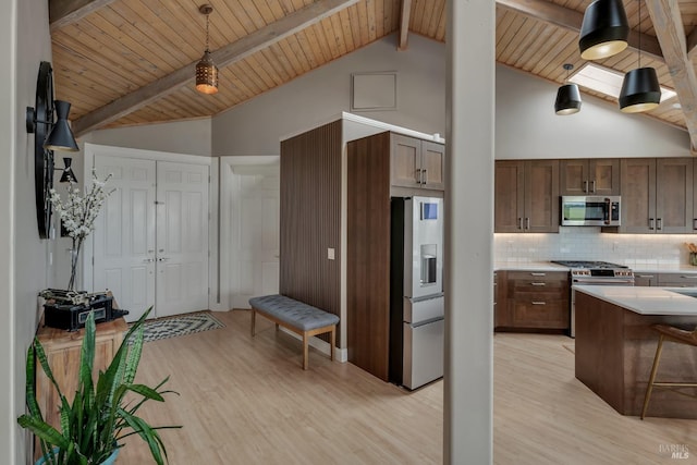 6200 Burnside Rd, Sebastopol, CA 95472 - kitchen with appliances with stainless steel finishes, wood ceiling, decorative backsplash, light countertops, and light wood-type flooring